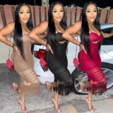 Solid color mesh stitching sexy suspender wrap chest hollow beard mid skirt dress