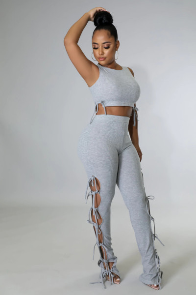 Sexy Women's Solid Color Pit Strips Lace Hollow Two-piece Set