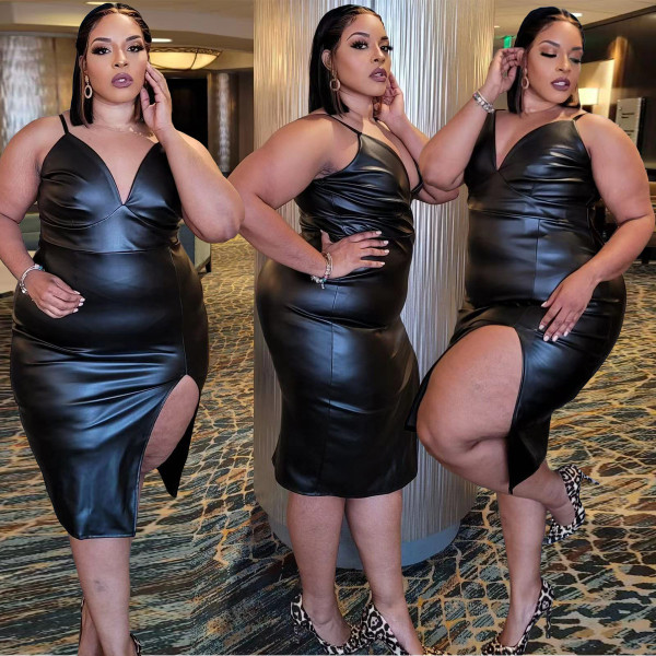 Plus Size Ladies Fashion Casual Sling PU Leather Dress