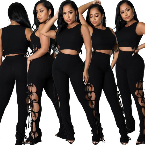 Sexy Women's Solid Color Pit Strips Lace Hollow Two-piece Set