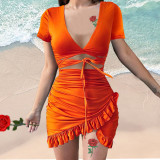 Women's V-Neck Printed Multicolor Tie-Up Short Sleeve Irregular Ruffle Dress