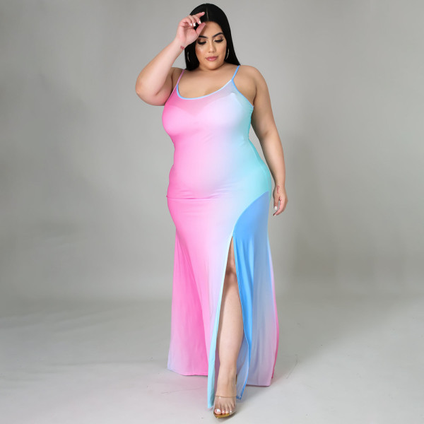 Spring sexy milk silk suspender type round neck slit skirt loose gradient dress