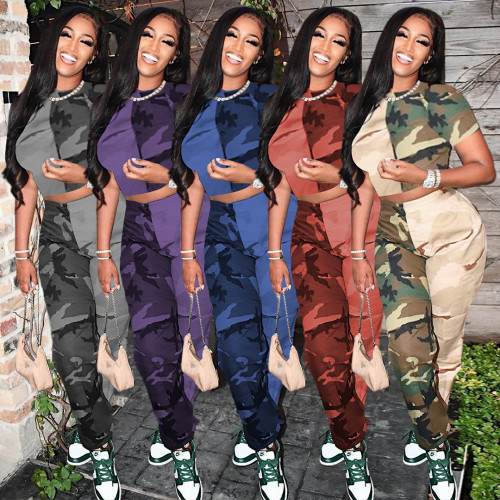 Spring/Summer colorblock camouflage print two-piece suit