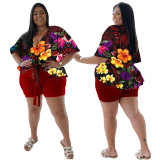Plus Size Two Piece Printed Casual T-Shirt Shorts Set