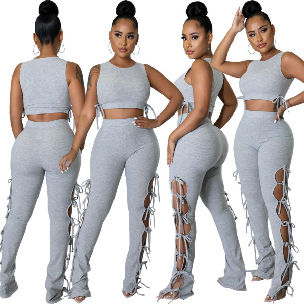 Sexy Women's Solid Color Pit Strips Lace Hollow Two-piece Set