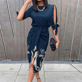 Half-Sleeve Tie Cutout Print Sleeve Slim Fit Dress