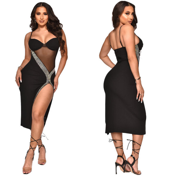 Nightclub sexy women's hot and diamond-studded see-through mesh suspender dress