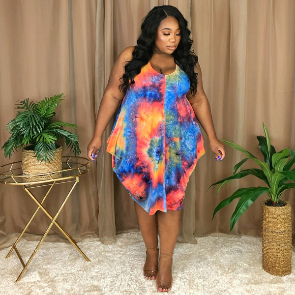 Mid Skirt Sleeveless Tie Dye Print Loose Waist Dress Small Fragrance Urban Casual