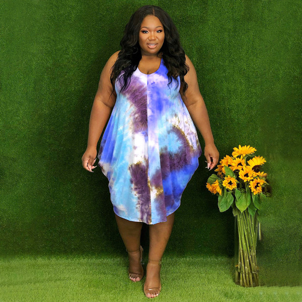 Mid Skirt Sleeveless Tie Dye Print Loose Waist Dress Small Fragrance Urban Casual