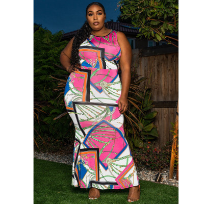 Casual Fashion Contrast Color Colorful Print Plus Size Dress
