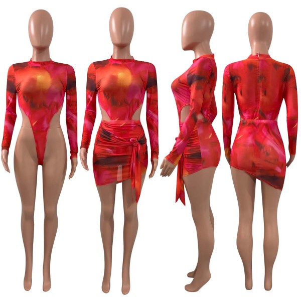 printed mesh skirt suit