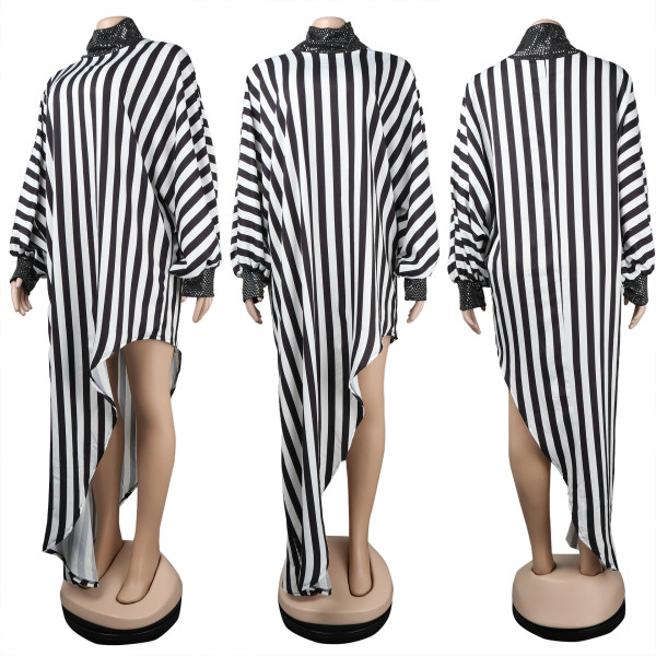 Sexy Black and White Striped Irregular Skirt Nightclub Suit