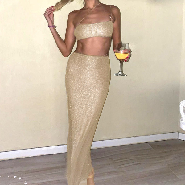 Women's suspenders show navel small tube top high waist bag hip skirt casual suit women