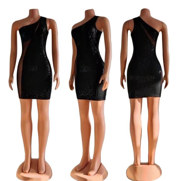 Oblique shoulder sequin mesh sexy fashion hip dress