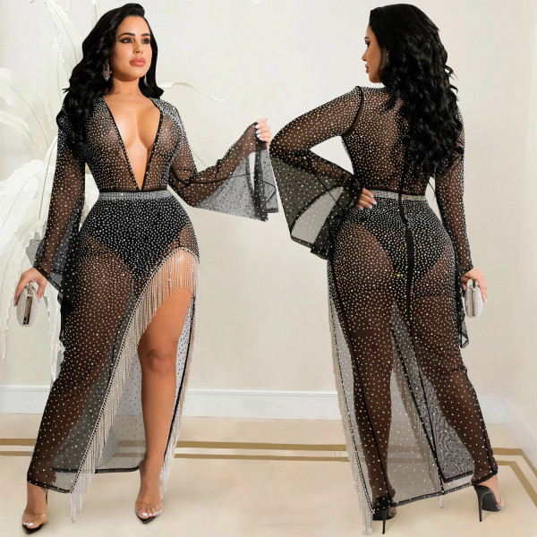 Fashion sexy nightclub hot drill deep V wide-sleeved irregular slit streamer long skirt dress female