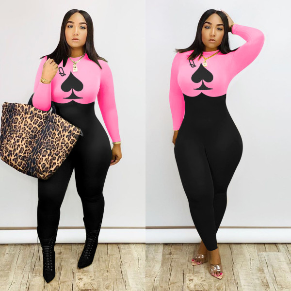 Women's Long Sleeve Poker Print Jumpsuit Women's