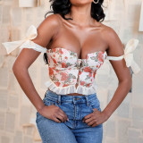 Sexy Floral Tight Bow Knot Off Shoulder Sling Top Fashion Design Open Back Showing Chest Tank Top
