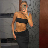 Women's suspenders show navel small tube top high waist bag hip skirt casual suit women