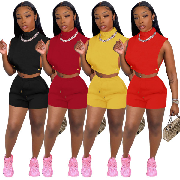 Women's Spring/Summer Side Cut Hollow Turtleneck Sleeveless Suit