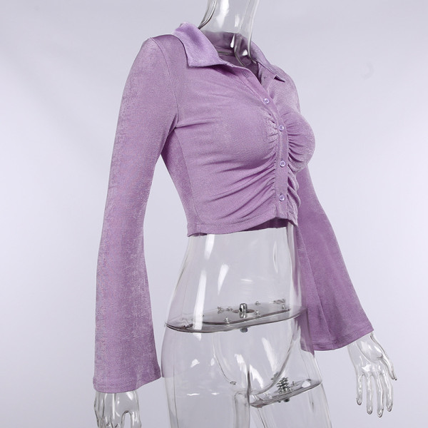 Temperament Solid Slim Fit Pleated Knit Flared Sleeve Top