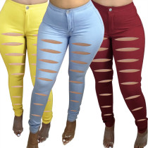 Ladies Fashion ripped high elastic pencil pants