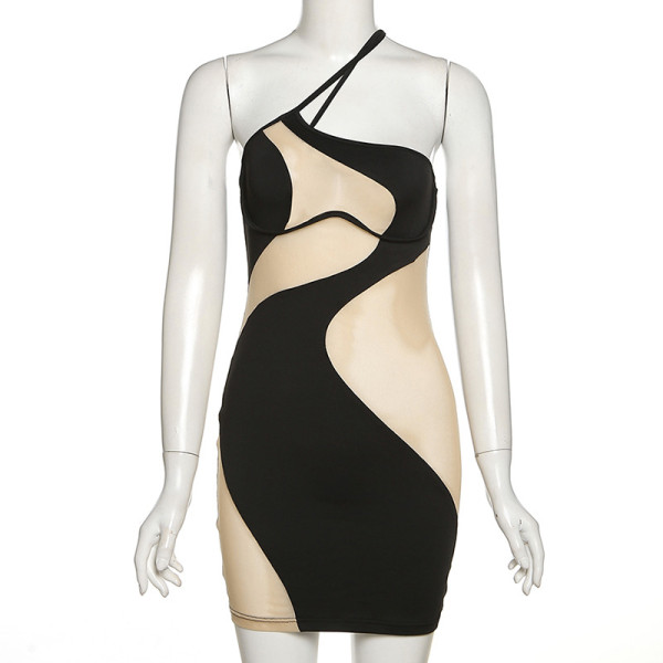 Women's fashion sloping shoulder sexy see-through mesh slim fit hip dress women