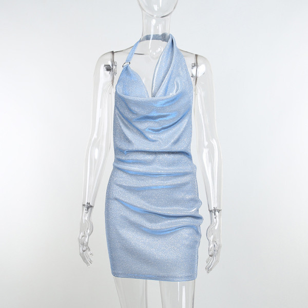 women's solid color halter neck open back slide filament pocket collar dress