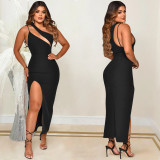 Diagonal collar sexy suspenders sleeveless irregular slit long dress women