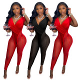 Mesh Korean Velvet Panel Jumpsuit