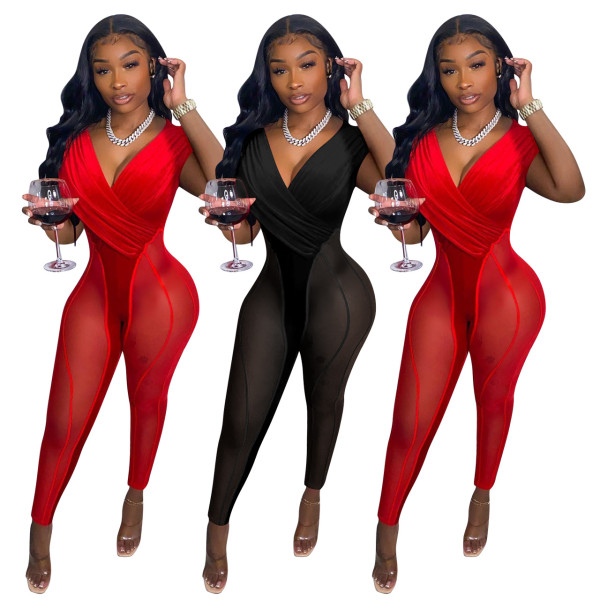 Mesh Korean Velvet Panel Jumpsuit