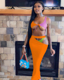 Women's Multicolor Panel One Piece Swimsuit Beach Skirt Set