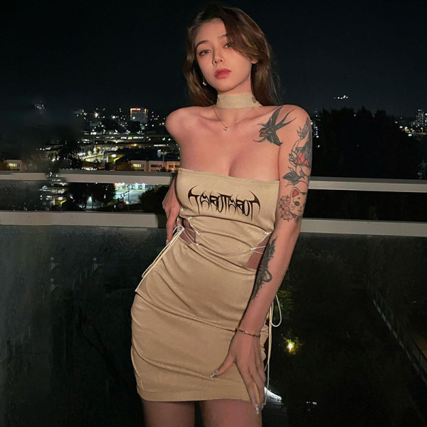 Waistless lace-up printed tube top dress fashion sexy hot girl tight-fitting thin skirt women