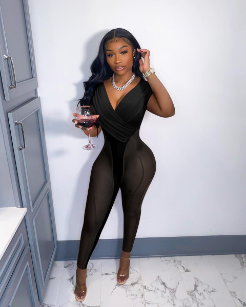 Mesh Korean Velvet Panel Jumpsuit