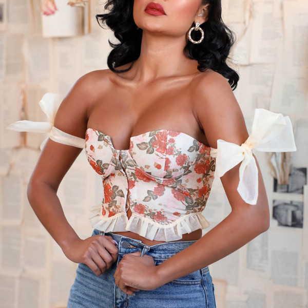 Sexy Floral Tight Bow Knot Off Shoulder Sling Top Fashion Design Open Back Showing Chest Tank Top