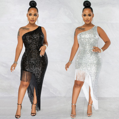 Fashion sexy sequined diagonal collar one shoulder irregular slit long beard dress