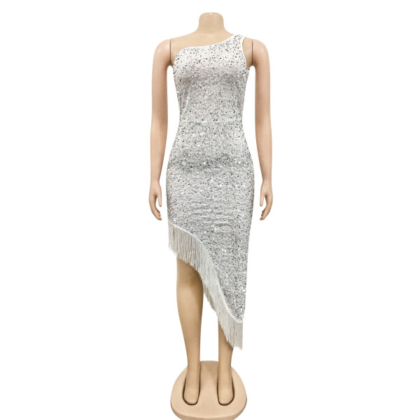 Fashion sexy sequined diagonal collar one shoulder irregular slit long beard dress