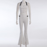 Hanging neck zipper exposed navel wrap chest solid color casual trousers small sexy hollow two-piece suit