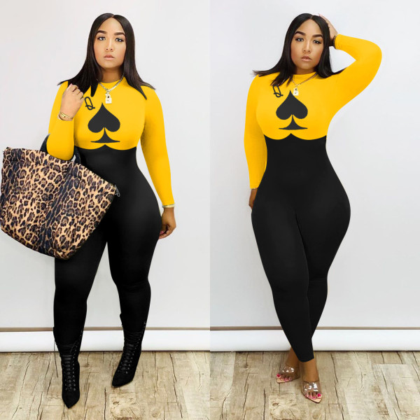 Women's Long Sleeve Poker Print Jumpsuit Women's