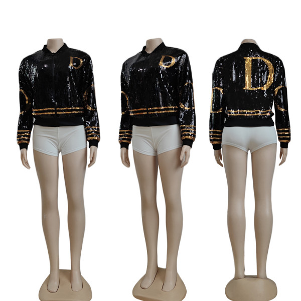 Women's Fashion Long Sleeve Sexy Slim Fit Glitter Heavy Sequin Black Jacket
