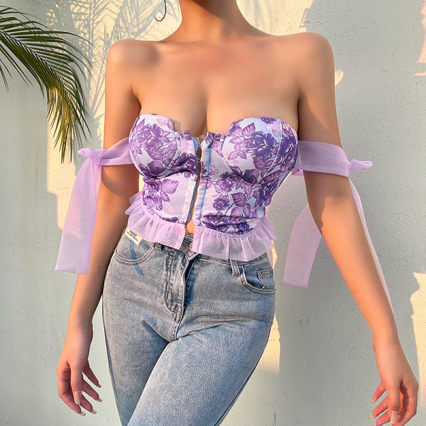 Sexy Floral Tight Bow Knot Off Shoulder Sling Top Fashion Design Open Back Showing Chest Tank Top