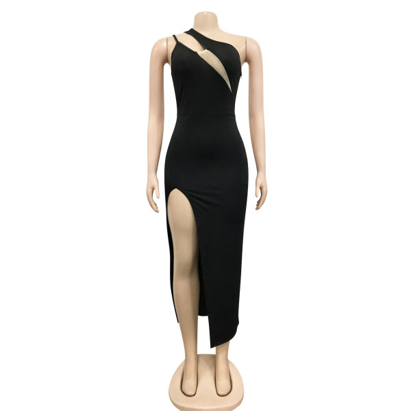 Diagonal collar sexy suspenders sleeveless irregular slit long dress women