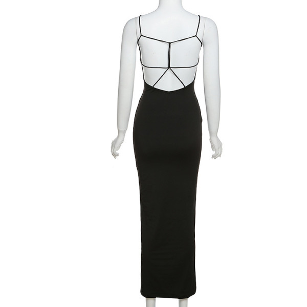 Women's fashion suspenders sexy hollow low-cut open-back slim hip dress