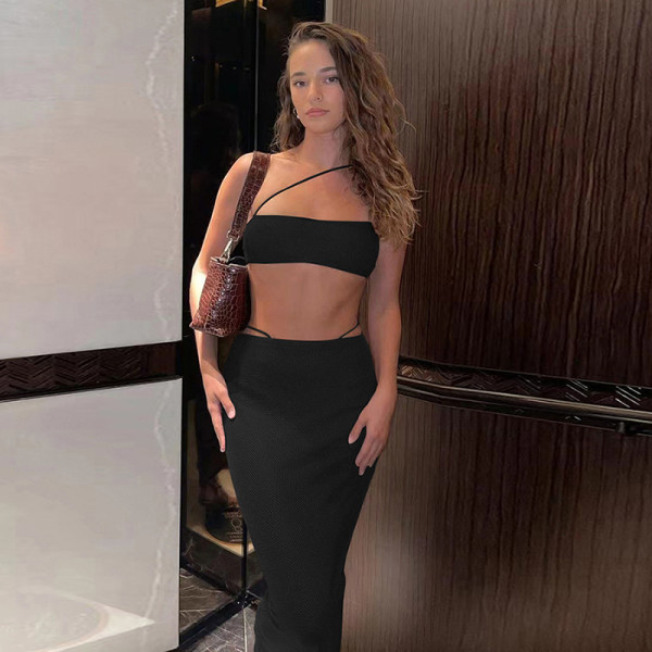 Women's suspenders show navel small tube top high waist bag hip skirt casual suit women