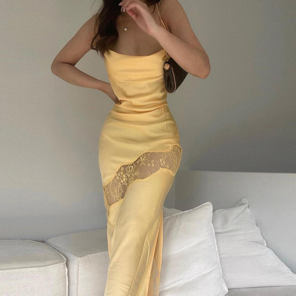 Women's fashion suspenders sexy backless one-shoulder slim slit dress women