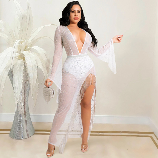 Fashion sexy nightclub hot drill deep V wide-sleeved irregular slit streamer long skirt dress female