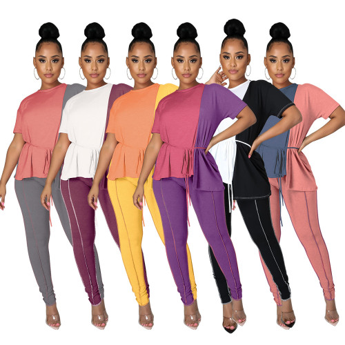 Color matching women's suit solid color casual short-sleeved t-shirt personality women