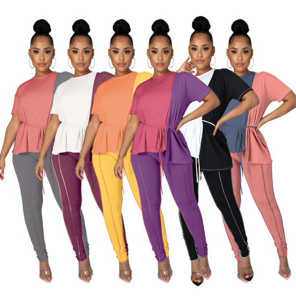 Color matching women's suit solid color casual short-sleeved t-shirt personality women