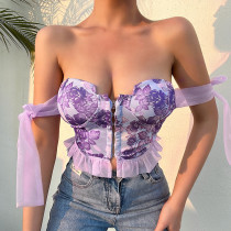 Sexy Floral Tight Bow Knot Off Shoulder Sling Top Fashion Design Open Back Showing Chest Tank Top Sexy Floral Tight Bow Knot Off Shoulder Sling Top Fashion Design Open Back Showing Chest Tank Top