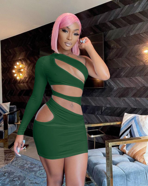 Women's nightclub solid color personality single-sleeve slanted shoulder slim sexy package hip dress women