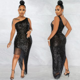 Fashion sexy sequined diagonal collar one shoulder irregular slit long beard dress
